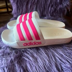Adidas Cloudfoam White and Pink Slides